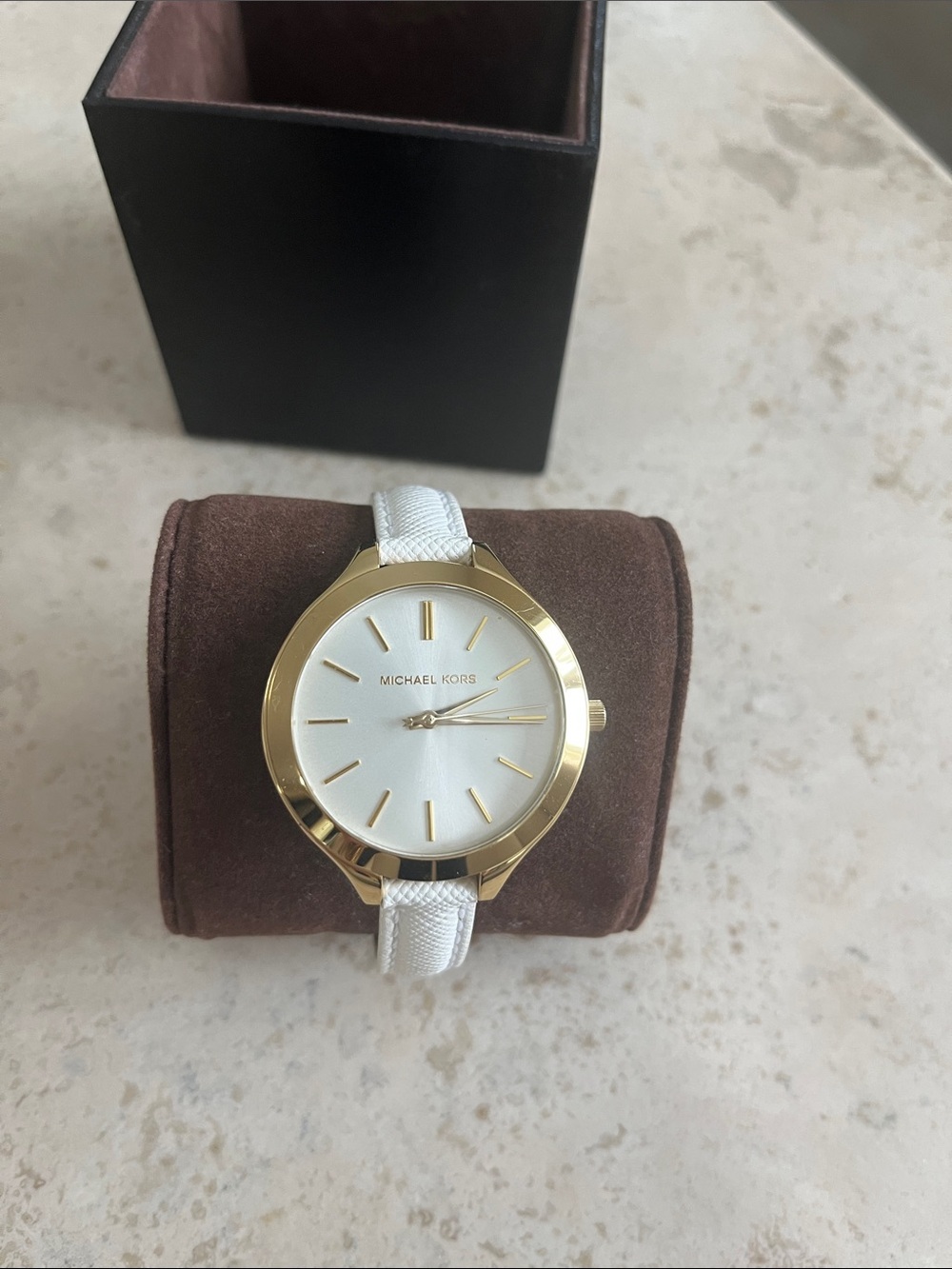 Michael Kors Gold Tone Case White Strap Minimalist Watch